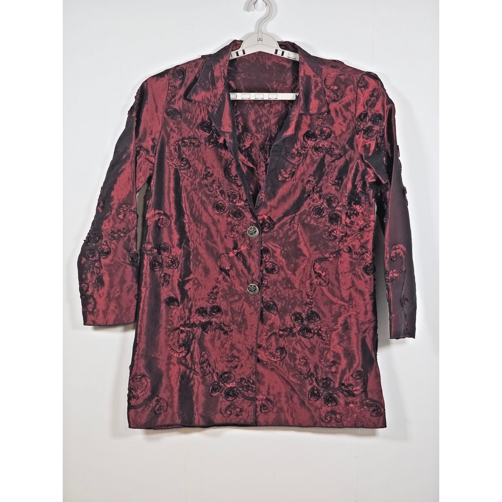 Winding River Women Large Vintage Red Black Iridescent 3D Floral Jacket USA